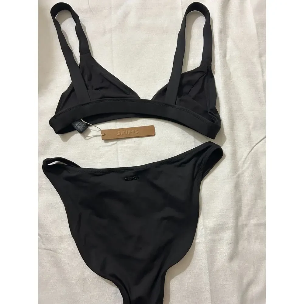 Skims NWT Swim Triangle Top & Dipped Mid Coverage Bikini Bottom Black Size Small